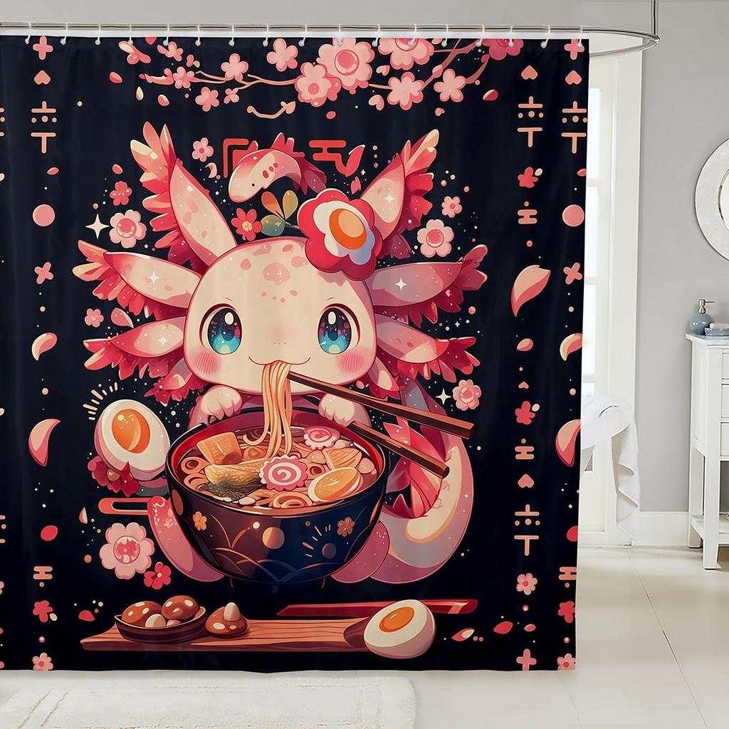 Ramen Noodle Shower Curtain Set Bathroom Decor for Kids Girls Boys,Japanese Style Bathroom Set Funny Food Fabric Shower Curtain