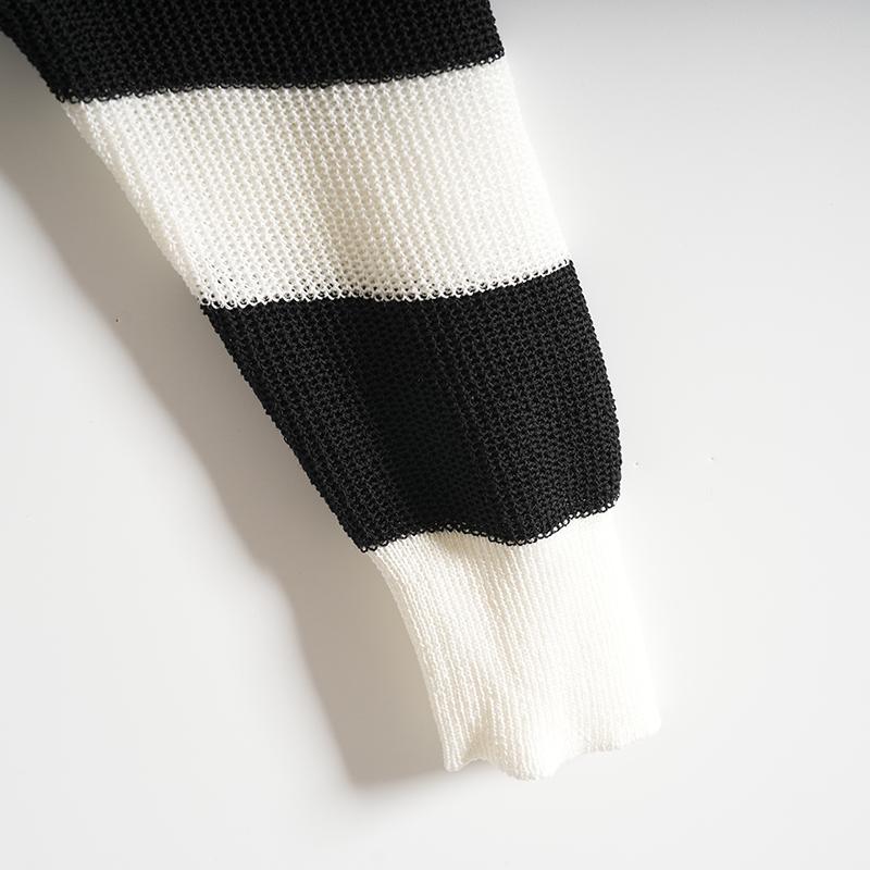 Maslan Spring Fashion Design Versatile Casual Age Reducing Black and White Striped Round Neck Long Sleeve Knitted Shirt
