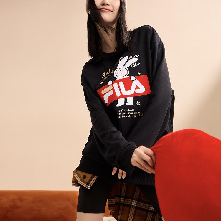 FILA CNY X Buer Rabbit Sweatshirts Unisex Black Crew Neck Moderate Regular F11U319202F-BK