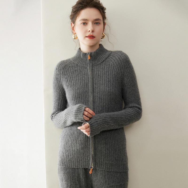 Women's Winter 2026 Double Zipper Slimming Cashmere Cardigan - Half-High Collar Ribbed Gentle Style Outerwear