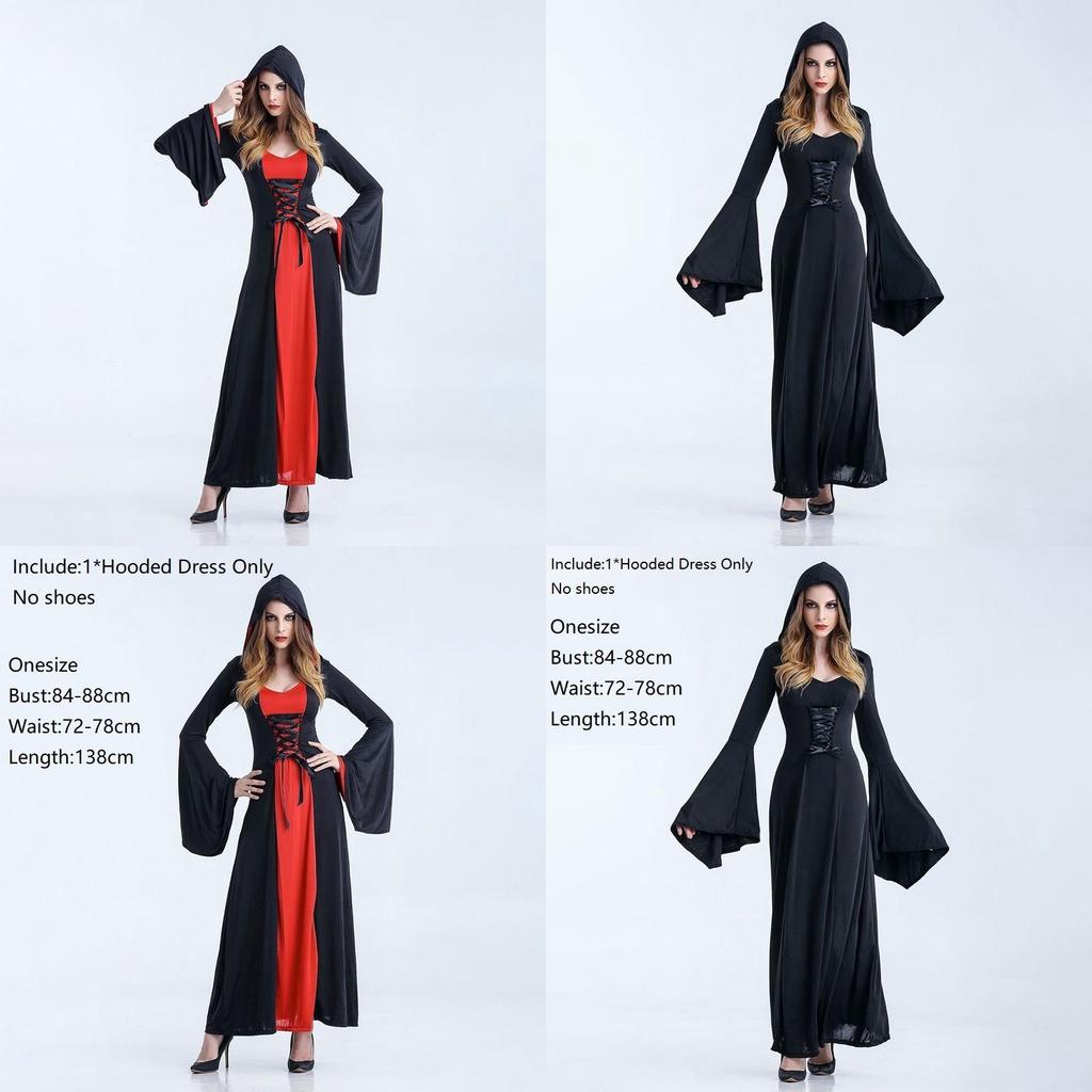 Enchanting Women Gothic Hooded Witch Wizard Dress With Flared Sleeves And Lace Up Design