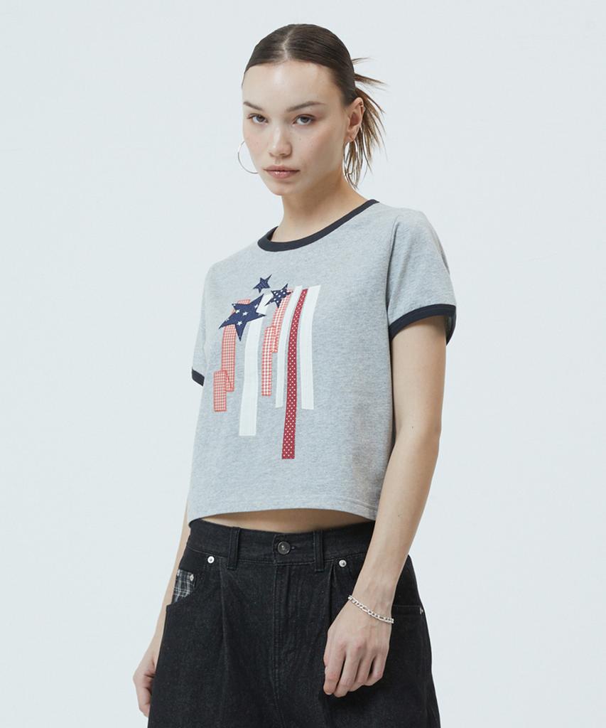 MAHAGRID Flag Applique Ringer Crop Tee Gray(Mg2Gmft513A)