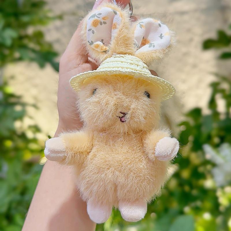 Cute Plush Rabbit Keychain With Floral Ear And Straw Hat Design For Daily Use
