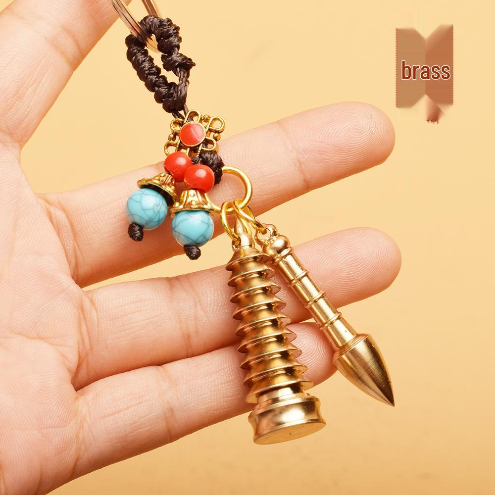 Brass Wenchang Pagoda Keychain with Five Emperor Coins and Gourd Car Pendant