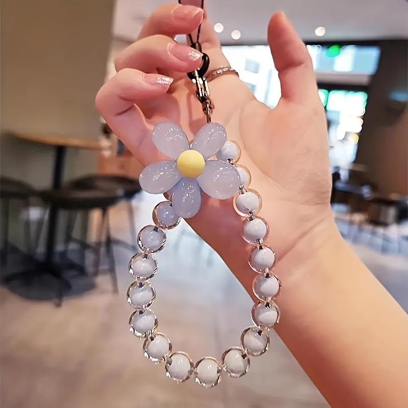 

Mobile Phone Lanyard Camera Keychain CCD Handheld Handmade Beaded Colorful Crystal Chain Short Wrist Flower New Portable Strong Durable синий