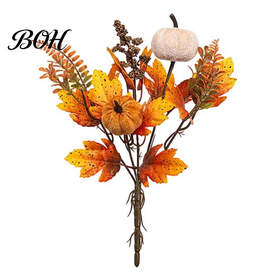 Seasonal Fabric Flower Bouquet Artificial Fall with Pumpkins Maple Leaves Wheat Berries, Faux Autumn Home Decor for Thanksgiving Centerpieces, Floral