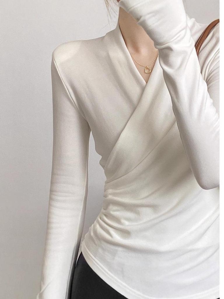 Women's V-Neck Long-Sleeve Crossover Top - Slim, Stylish, Flattering Autumn/Winter Layer