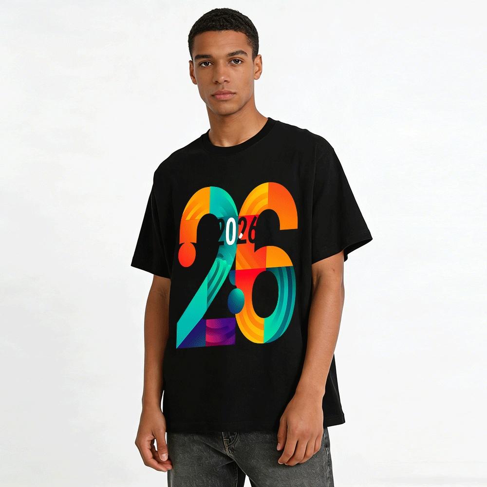 2026 Trendy Color Block Number Print Casual Crew Neck Top Pure cotton T-shirt
