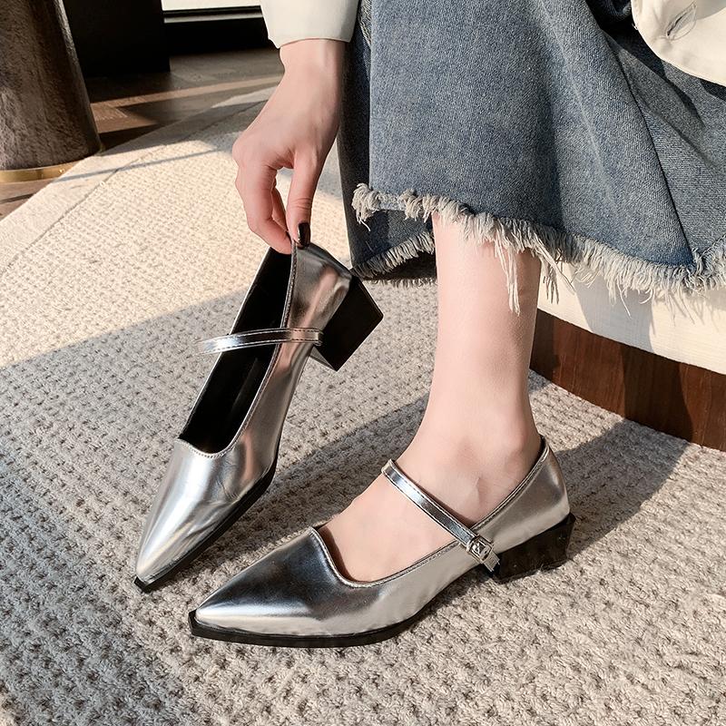 2025 New Spring and Autumn Women's Mary Jane Pointed Shoes Korean Style Ladies' Casual High Heels Work and Party Wear