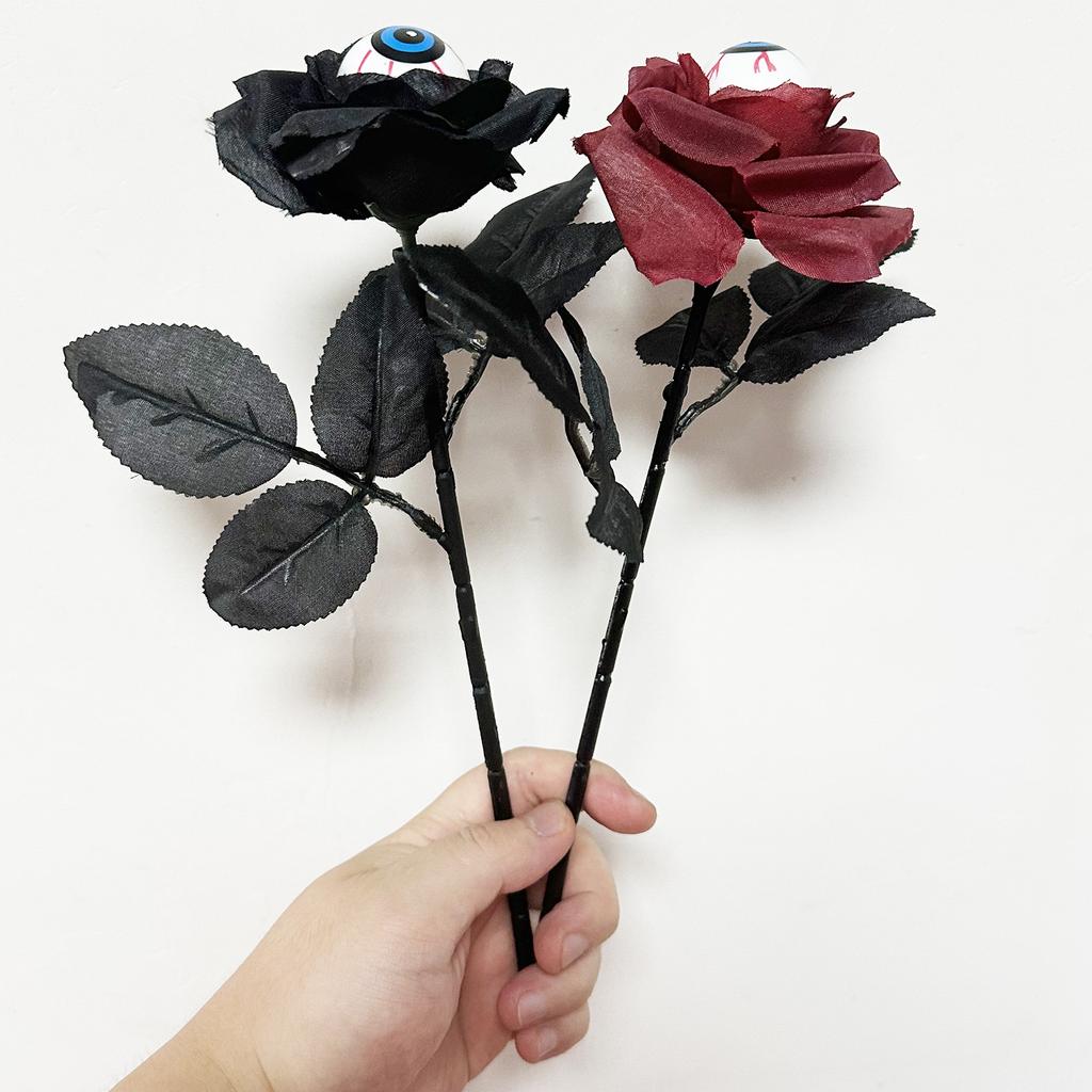 Horror Flower Rose Artificial Flower With Eyeball Halloween Supplies 41cm Black Fake Flower Cosplay Costume Accessories