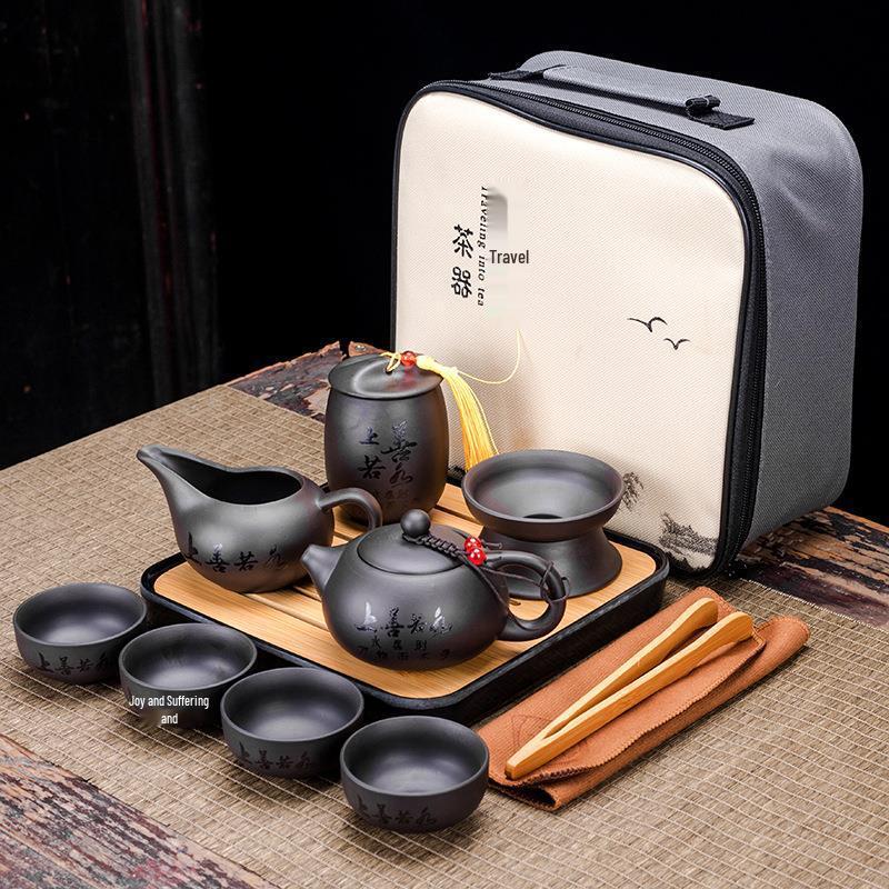 Creative Zisha Travel Kung Fu Tea Set: Portable Storage with One Pot and Four Cups - Ideal for Company Events and Gifts, Customizable with Logo.