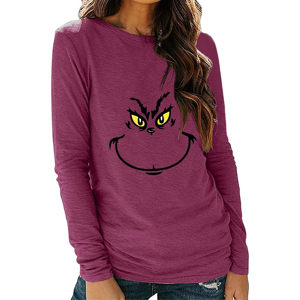 Women's Shirts Christmas Print Long Sleeve Round Neck Basic Loose Pullover Tee Top