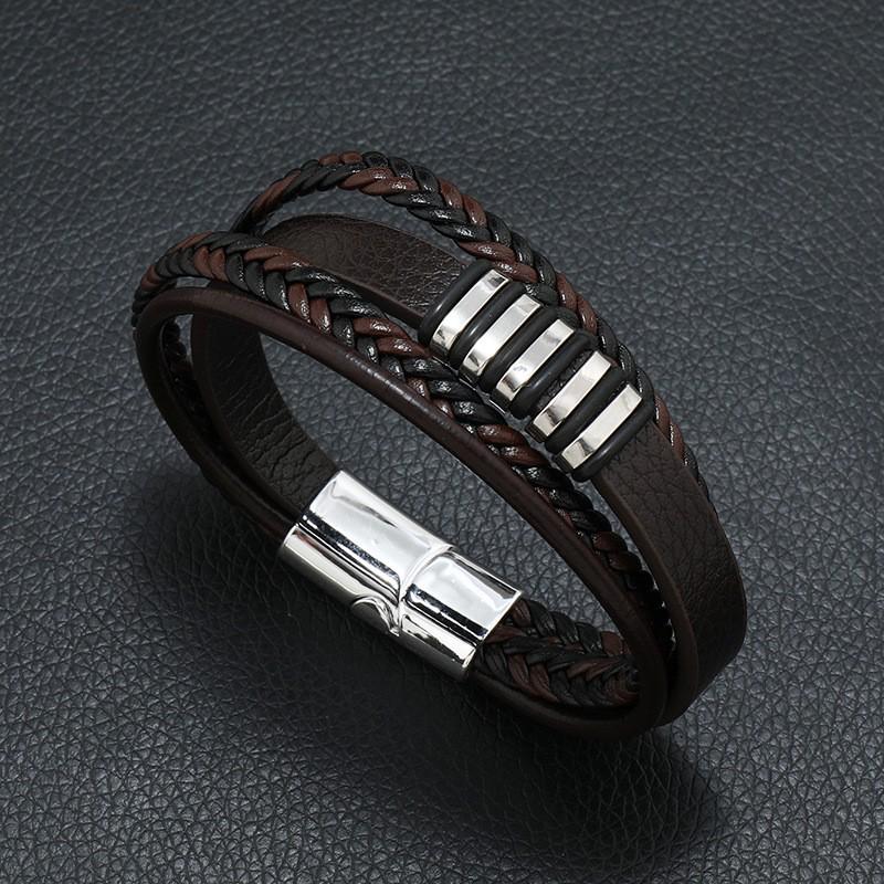 European-American Retro Style Zinc Alloy Multi-Layer Hand-Woven Men's Leather Bracelet.