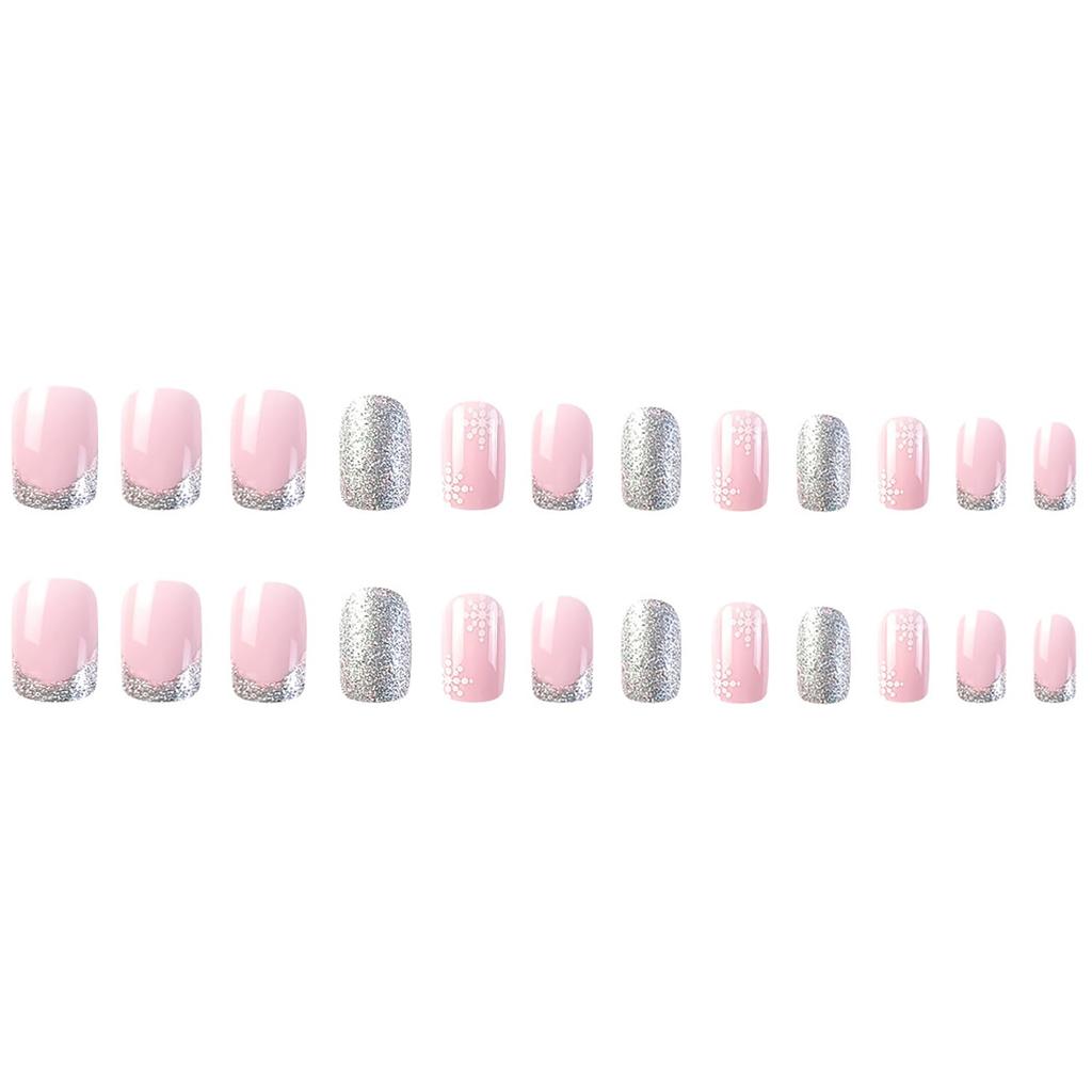 24Pcs Christmas Press on Nails Square French Tip Fake Nails Silver Glitter Nail Design Full Cover False Nails Snowflake Glue on Nails Cute Acrylic