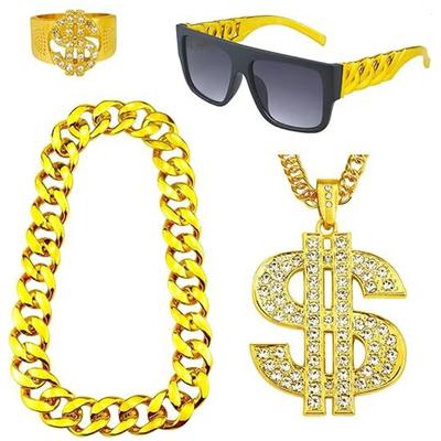 Gold Chain Necklace and Glasses Set Hip Hop Cosplay Glasses for Men Women Halloween Cosplay Music Festival Beach Parties