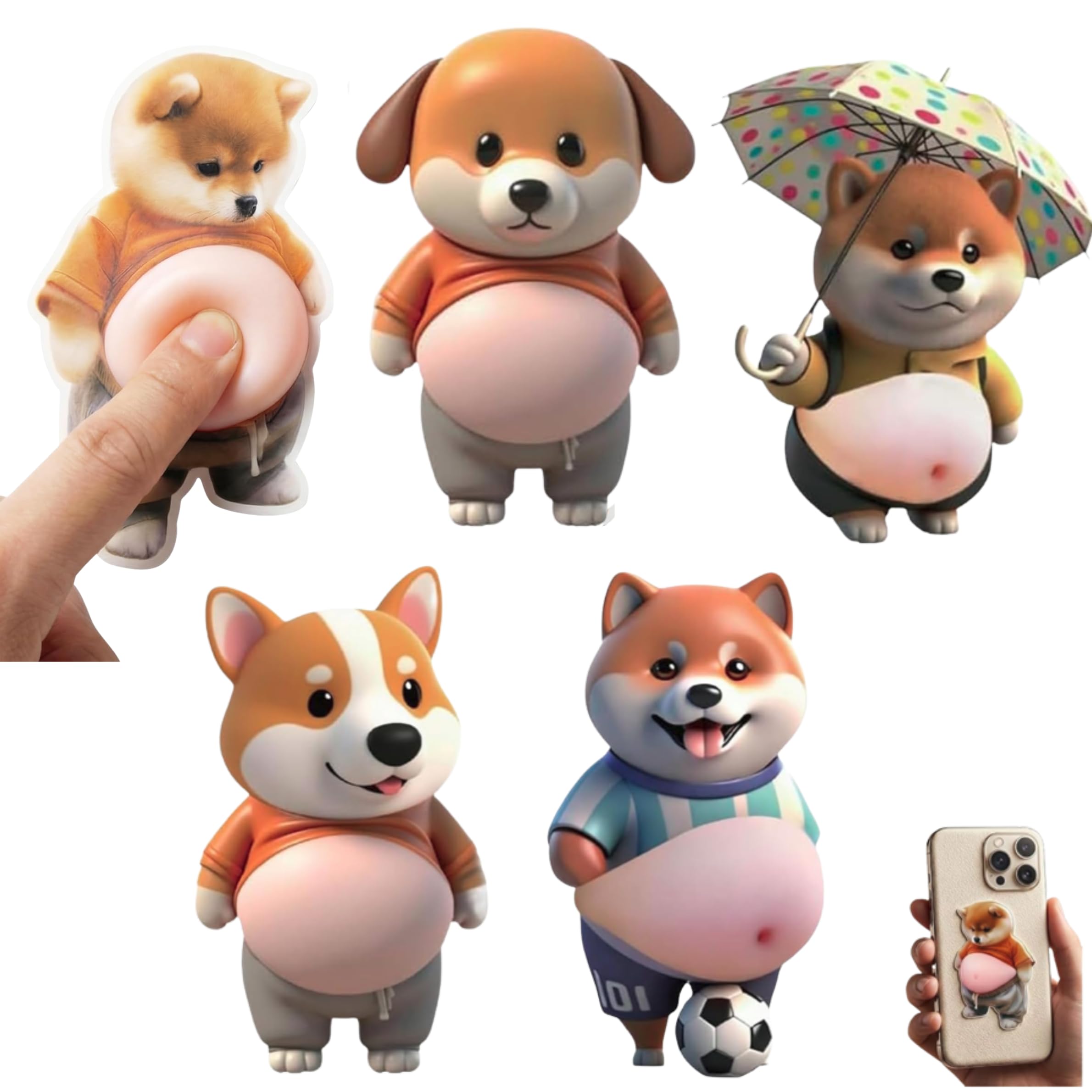 Набор из 5 собачек-сквиши с пухлым животиком Pukupuku, ягодицами, 3D-наклейки на живот, Вода, Наклейки,