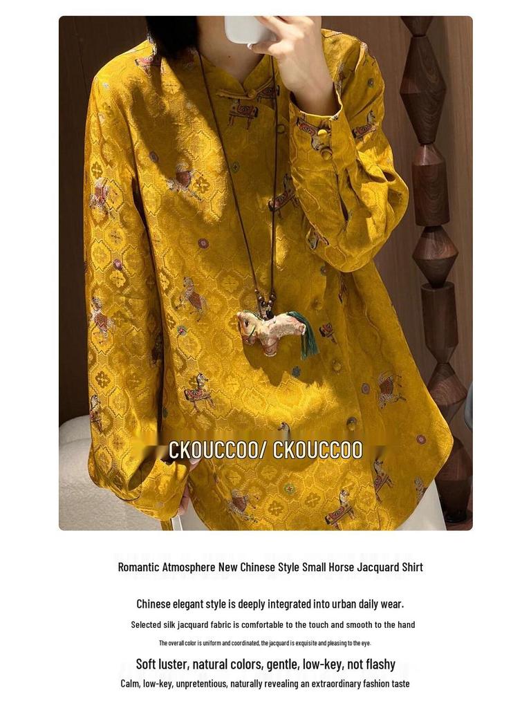Golden Saddle Embroidered Stand Collar Shirt with Frog Button - New Chinese Style Long Sleeve Top (2026 Design)