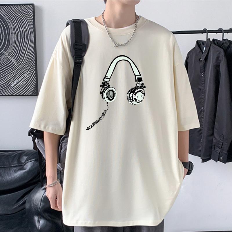 Earphone Pattern Men's Oversized Drop Shoulder T-Shirt 100% Cotton Streetwear Tee