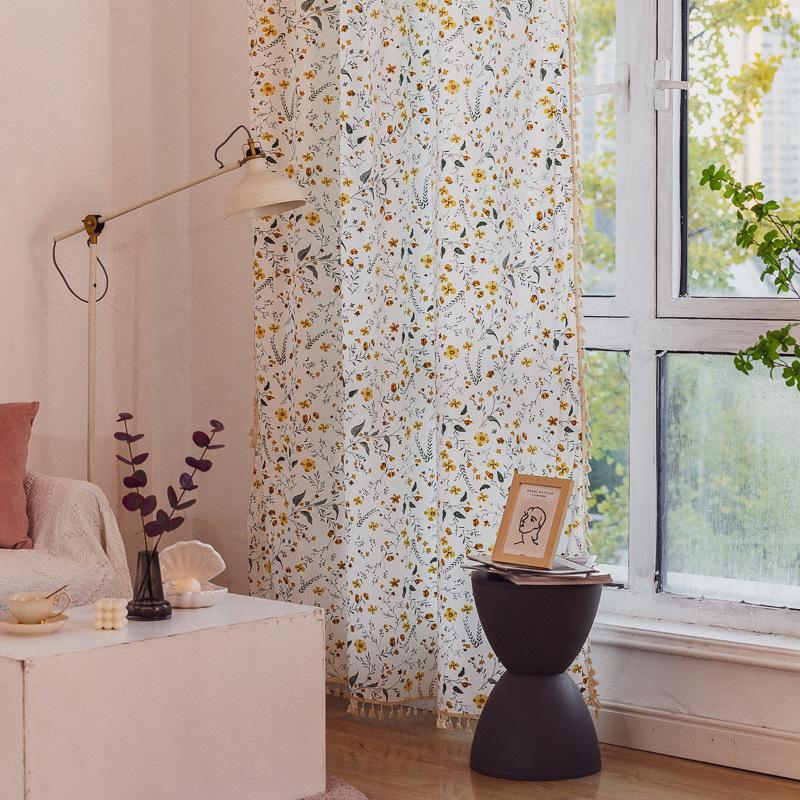 Tenda Finita Giapponese e Coreana Floreale Fresca Senza Foratura Bianca Stampata Cotone Stanza Ragazza Finestra Piccola Tenda Privacy
