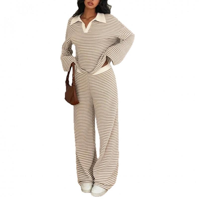 Womens 2026 Fall Winter Loose Fit Colorblock Striped Lounge Set With Lapel Collar Long Sleeve Top Wide Leg Pants