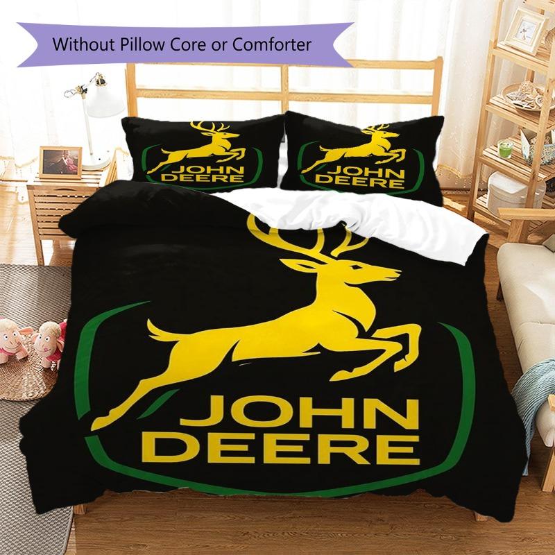 Cervo Giallo Logo John Deere Sfondo Nero Stampa Set Copripiumino 3 Pezzi Trattore Agricolo Biancheria da Letto Camera da Letto Decorazione Casa Senza Federe Piumino