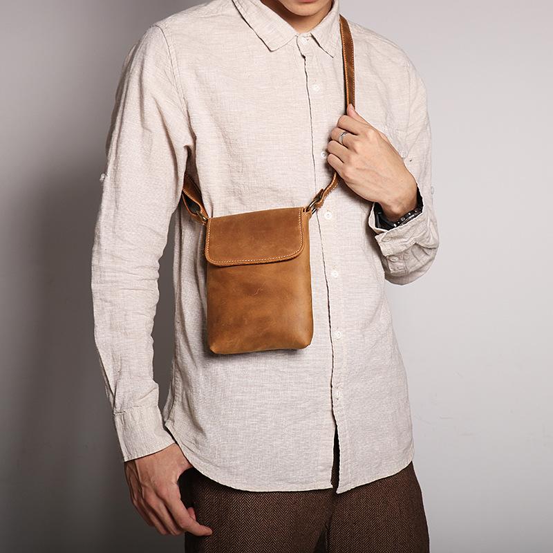 Men'S Genuine Leather Shoulder Small Backpack Crazy Horse Leather Simple Messenger Bag Cowhide Retro Mobile Phone Bag