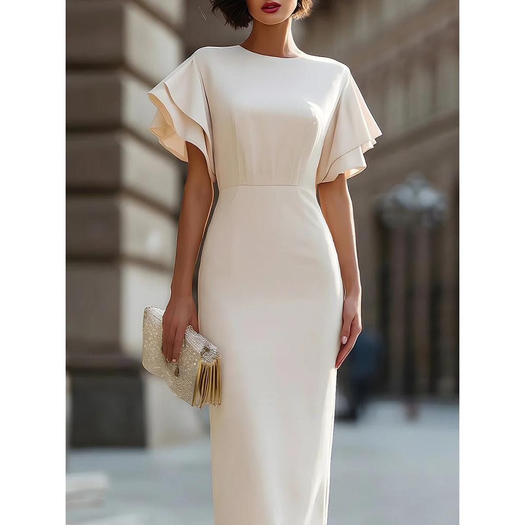 Robe Fourreau Élégante à Manches Volants 2026 pour Femmes, Robe Midi Bodycon à Col Rond Coupe Ajustée, Tenue Formelle pour le Bureau et les Soirées Cocktail