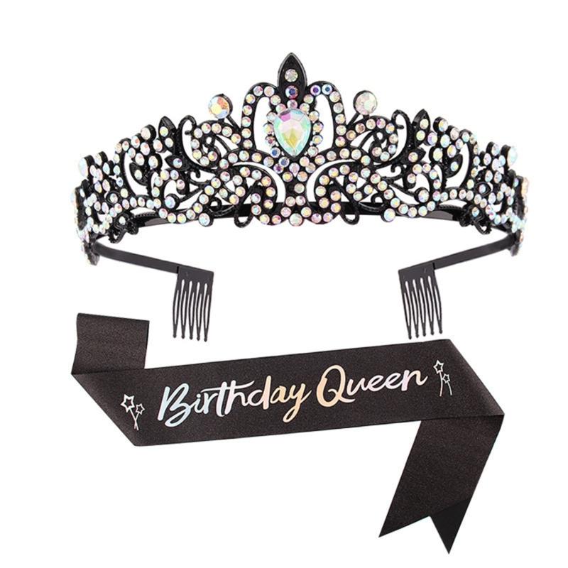 Fashionable 2pcs Rhinestones Tiaras Headband and Sash Hairpiece Hair Accesories for Women’s Birthday Party Accessories