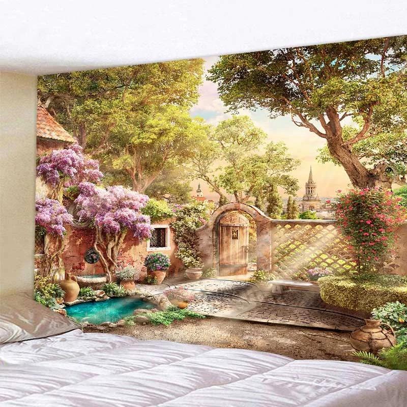 Bohemian aesthetic home wall decoration beautiful landscape tapestry European garden sea view wall hanging hippie