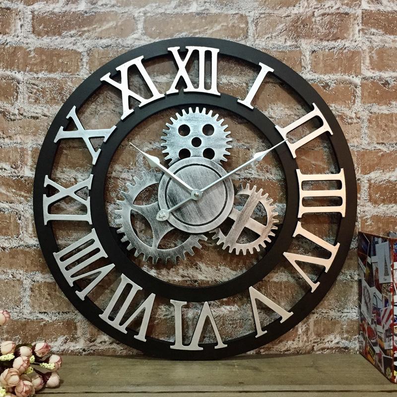 Orologio da parete appeso retrò con ingranaggi americani stile industriale in legno silenzioso decorazione cassetto soggiorno orologio da parete creativo