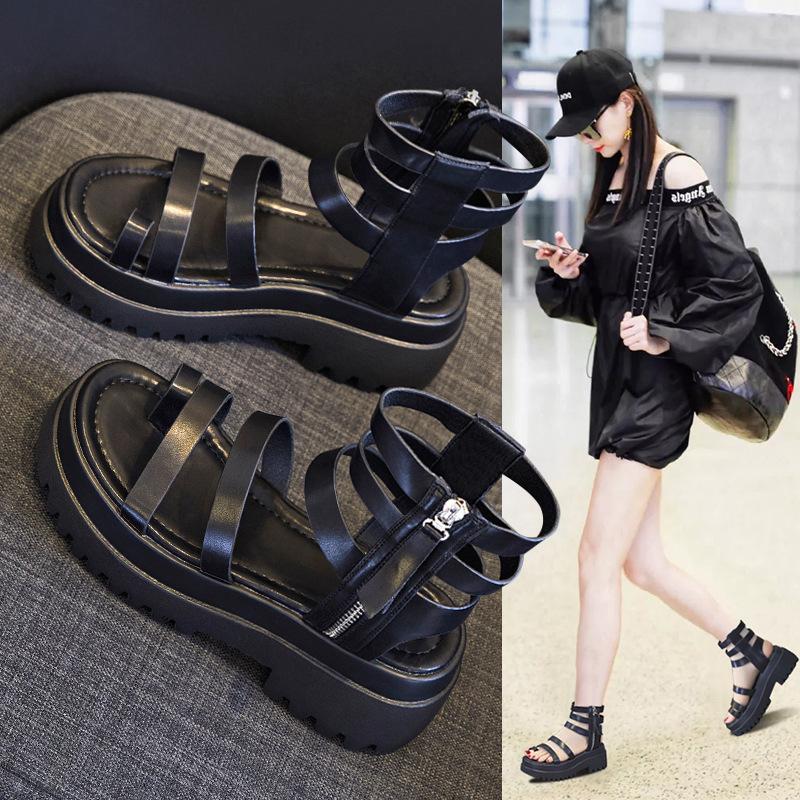 2025 summer new thick-soled breathable non-slip side zipper shows height Roman shoes hollow versatile student women's sandals