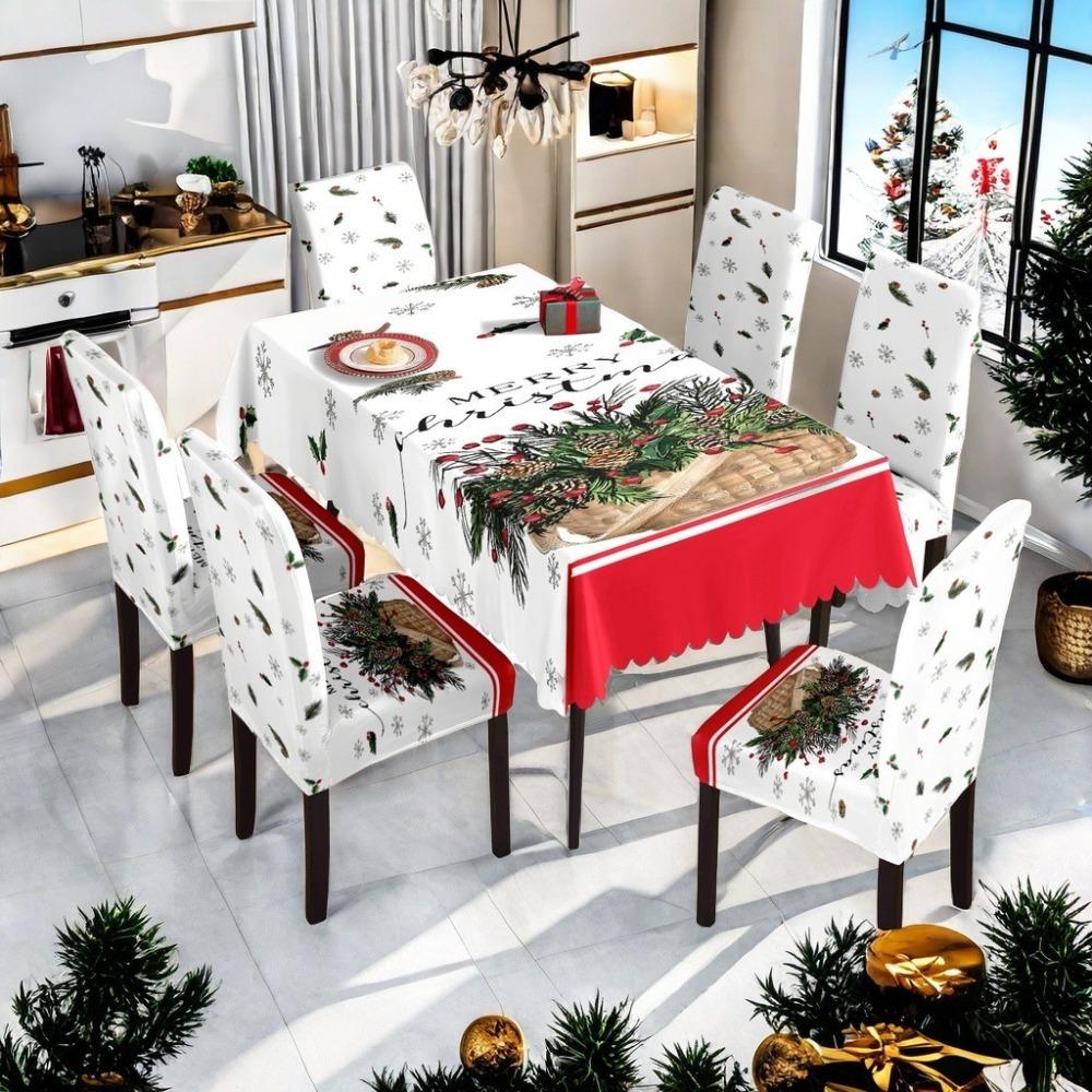 Christmas Waterproof Printed Tablecloth and Chair Covers Set Holiday Dining Decor