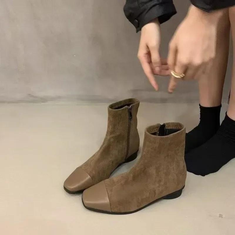 Square Toe Elegant Modern Boots Sewing Side Zip Winter 2024 High Quality Ladies Shoes Ankle Low Heel Solid Women's Boots