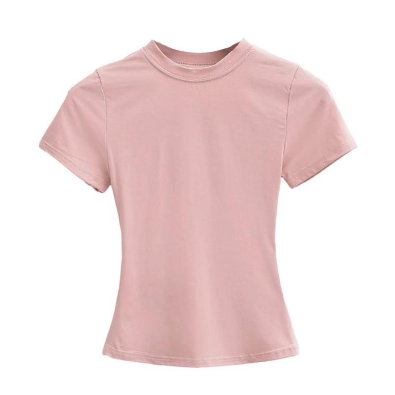 Amoi Women's Solid Color Kardashian Crew Neck Slim-Fit Short Bottom Shirt Basic Short Sleeve Shirt