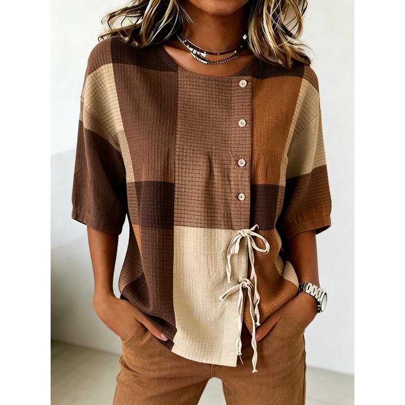 Women's Rust Plaid Print Drawstring Button Up Blouse, Casual Round Neck Tops for Spring Summer Daily Vacation Wear