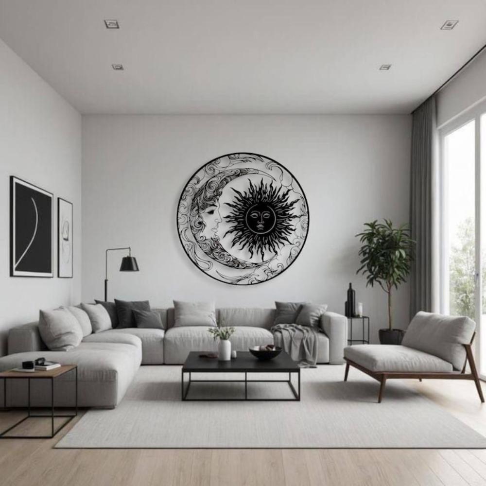 Metal Wall Art Sun and Moon Laser Cut Black Steel Home Decor Modern Design
