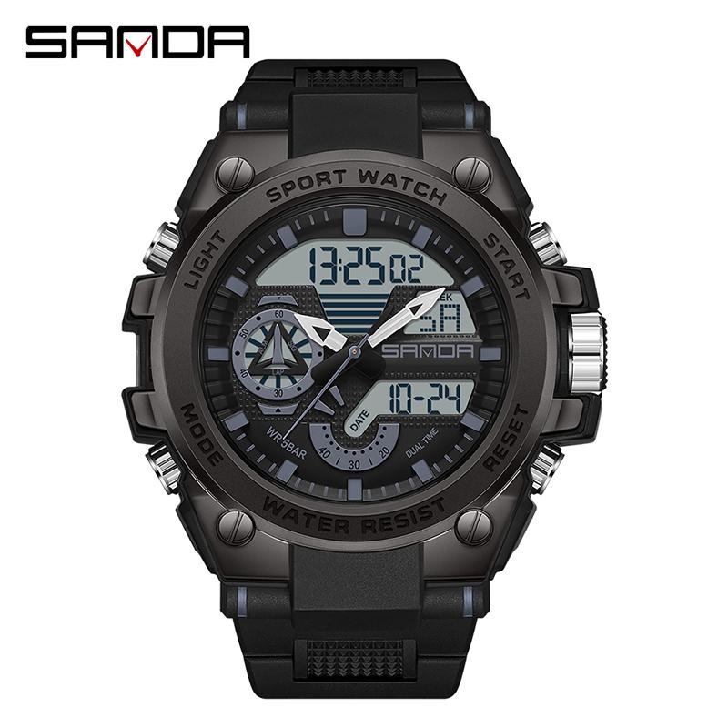 SANDA Luxury LED Dual Display Digital Quartz Watch for Men Shockproof Waterproof Sports Wristwatches Student Watch