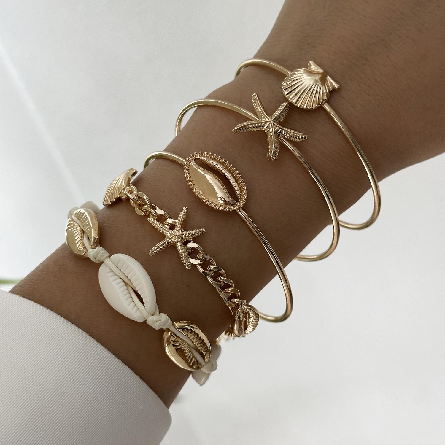 

5Pcs Elegant Bracelet Set for Women Boho Mixed Cowrie Shell Gold Color Starfish Bangle Summer Beach Vacation Jewelry Gift