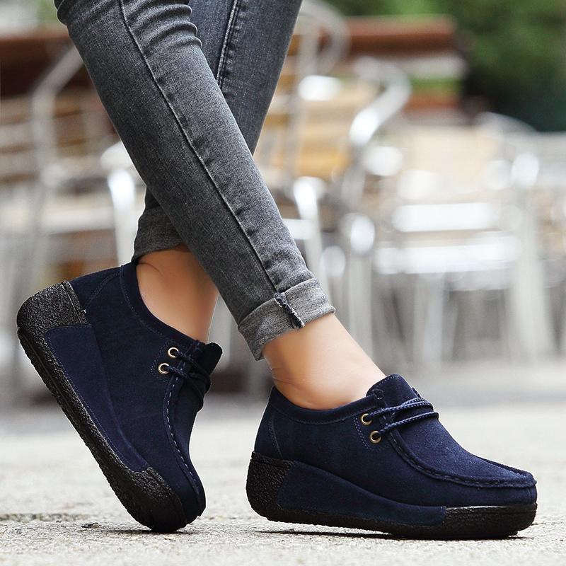 Genuine Leather Platform Flat Shoes Women Lace Up Plush Nubuck Cow Suede Sneakers Ladies Swing Shoes Wedge Shallow Espadrilles