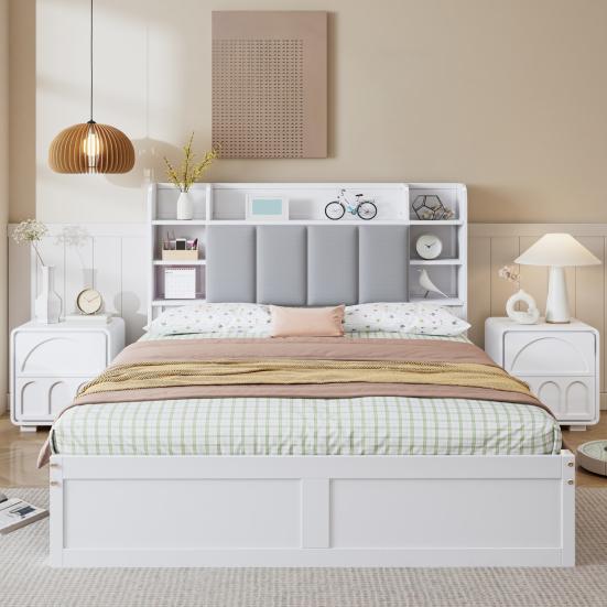 Modular Bed Double Bed, Open Shelf, Three Drawers with Castors, Metal Adult Handles, Storage Compartment Drop-Down Door, Pine Frame Soft