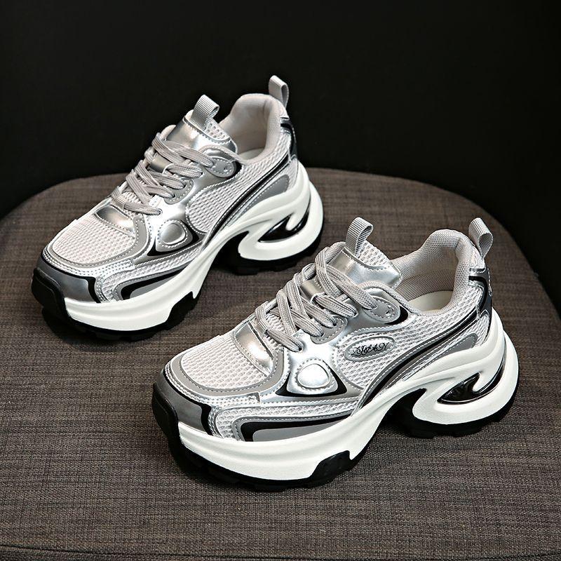 Net Shoes Are Light and Heightened Casual Sports Shoes for Women's New Spring and Autumn Silver Platform Dad Shoes for Women