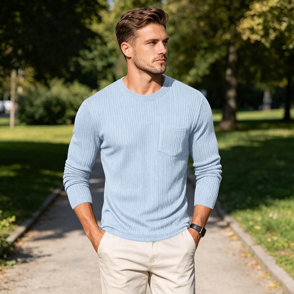 Men's Round Neck Casual Color Knit Base Layer Shirt with Pocket for Everyday Layering