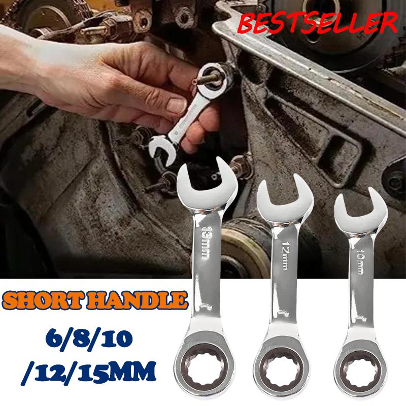 Short Handle Adjustable Head Ratchet Wrench Mini Fast Ratchet Wrench Labor-Saving Auto Repair Hardware Dual-Purpose Wrench Tool