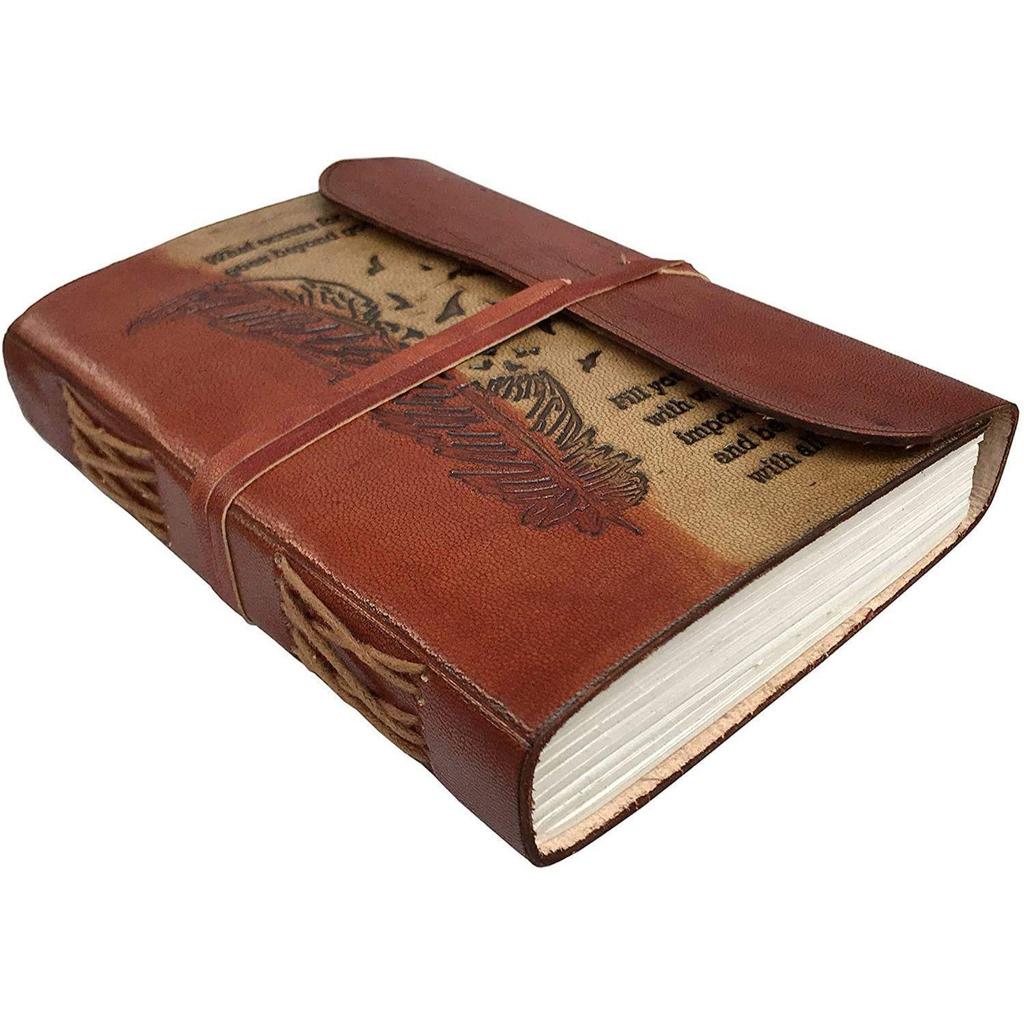 Leather Journal Feather Notebook Travel Writing Diary or Vintage Sketch Book Cotton Paper for Men & Women (7x5 Inch), Brown