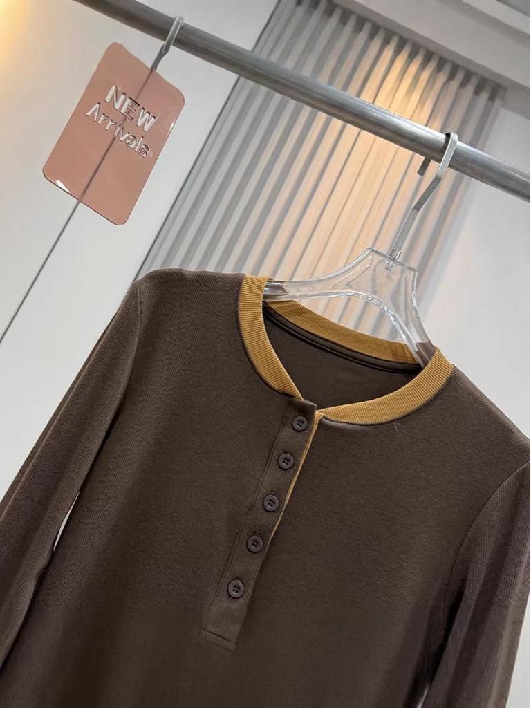 Autumn Slim-fit Color-block Fake Two-Piece Henley Long-Sleeve T-shirt for Women