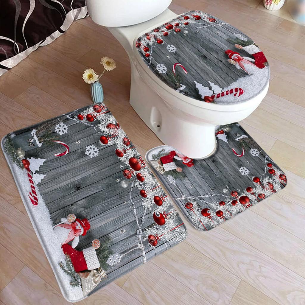 Red Christmas Shower Curtain Set Green Pine Branches Rope Ball Winter New Year Xmas Bathroom Decor Rug Bath Mat Toilet Lid Cover