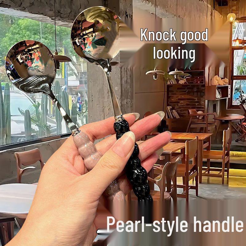 Elegant Stainless Steel Pearl Handle Dessert & Rice Spoon with Plastic Grip