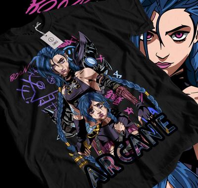 Jinx Arcane T-Shirt Japanischer Anime Cartoon Jinx Schwarzes T-Shirt 044