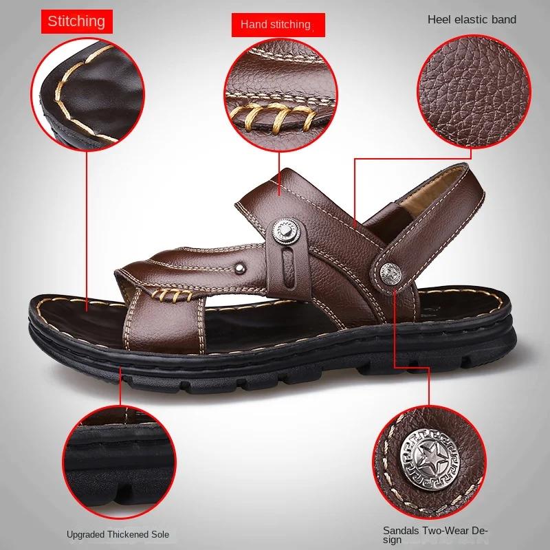 Men's Summer New Sandals Men's Leather Sandals Adult Thick-soled Beach Shoes Non-slip Open-toed Sandals Man Summer Slippers