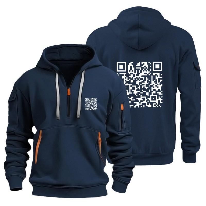Mens Hooded Sweatshirt With QR Code Print Slim Fit Cotton Blend Pullover Casual Winter Wear